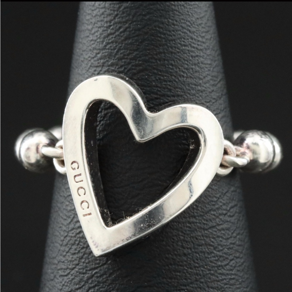 Gucci Sterling Silver Open Heart Beaded Chain Link Ring Sz 6